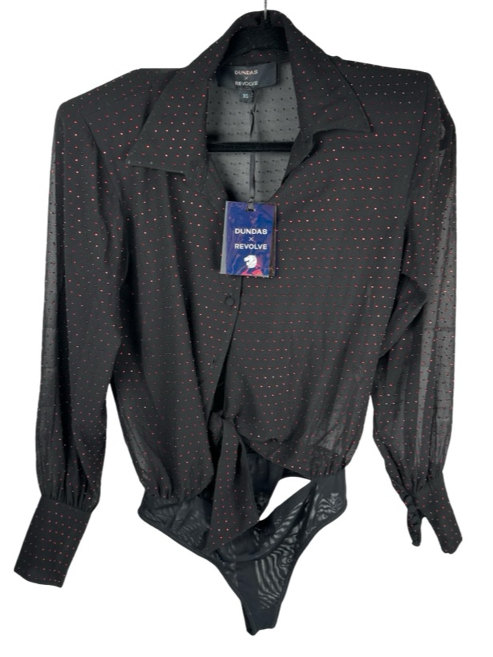 Dundas Revolve Delirium Black Red Crystal Embellished Tie Waist Bodysuit XS New